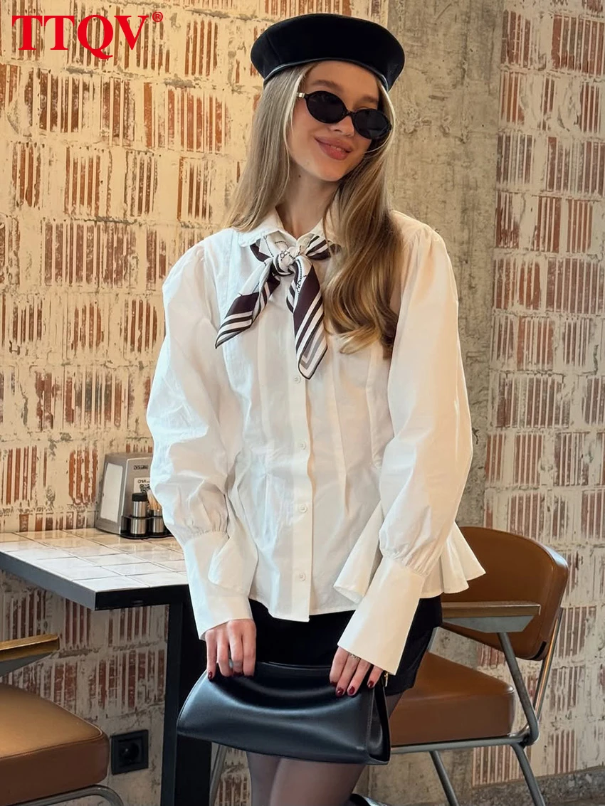 TTQV Fashion Slim White Cotton Women's Shirt 2026 Autumn Lapel Long Sleeve Blouse Elegant Classic Solid Top Female Clothing
