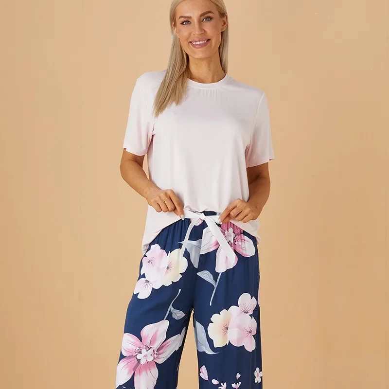 2025 جديد المرأة ملابس خارجية ملابس المنزل بيجامة مجموعة المألوف القطن التباين اللون مريحة قصيرة الأكمام بنطال ذو قصة أرجل واسعة