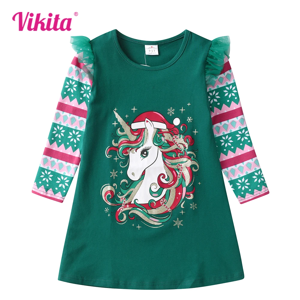 VIKITA Girls Christmas New Year Gift Dress Kids Licorne Snowflakes Green Autumn Spring Fall Flare Sleeve Cotton Straight Dresses