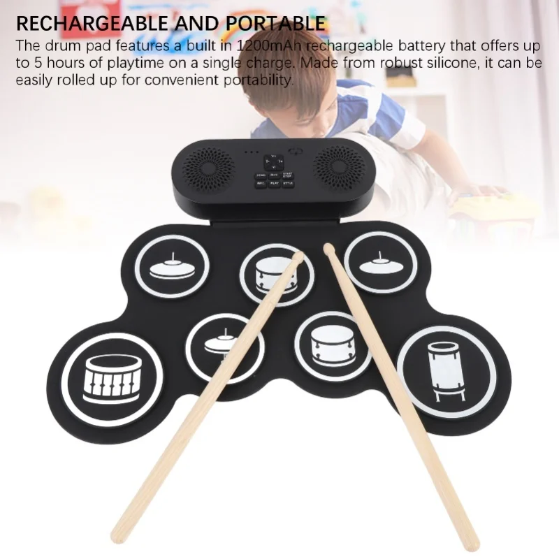 لوحة تدريب الطبل الإلكترونية مع مفاتيح وظيفة مكبرات الصوت المزدوجة 1200 مللي أمبير في الساعة قابلة لإعادة الشحن وقابلة للطي وقابلة للطي