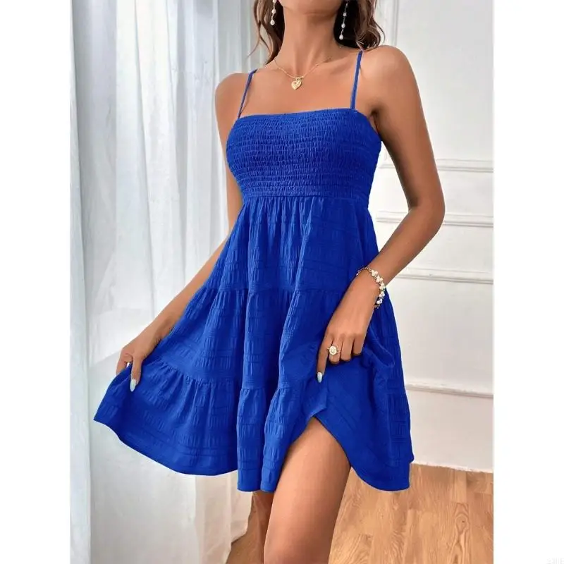 Elegante cinghia spaghetti Smocking Abito cami livello alto con donna per donne Line Mini Swing Beach Abito senza maniche