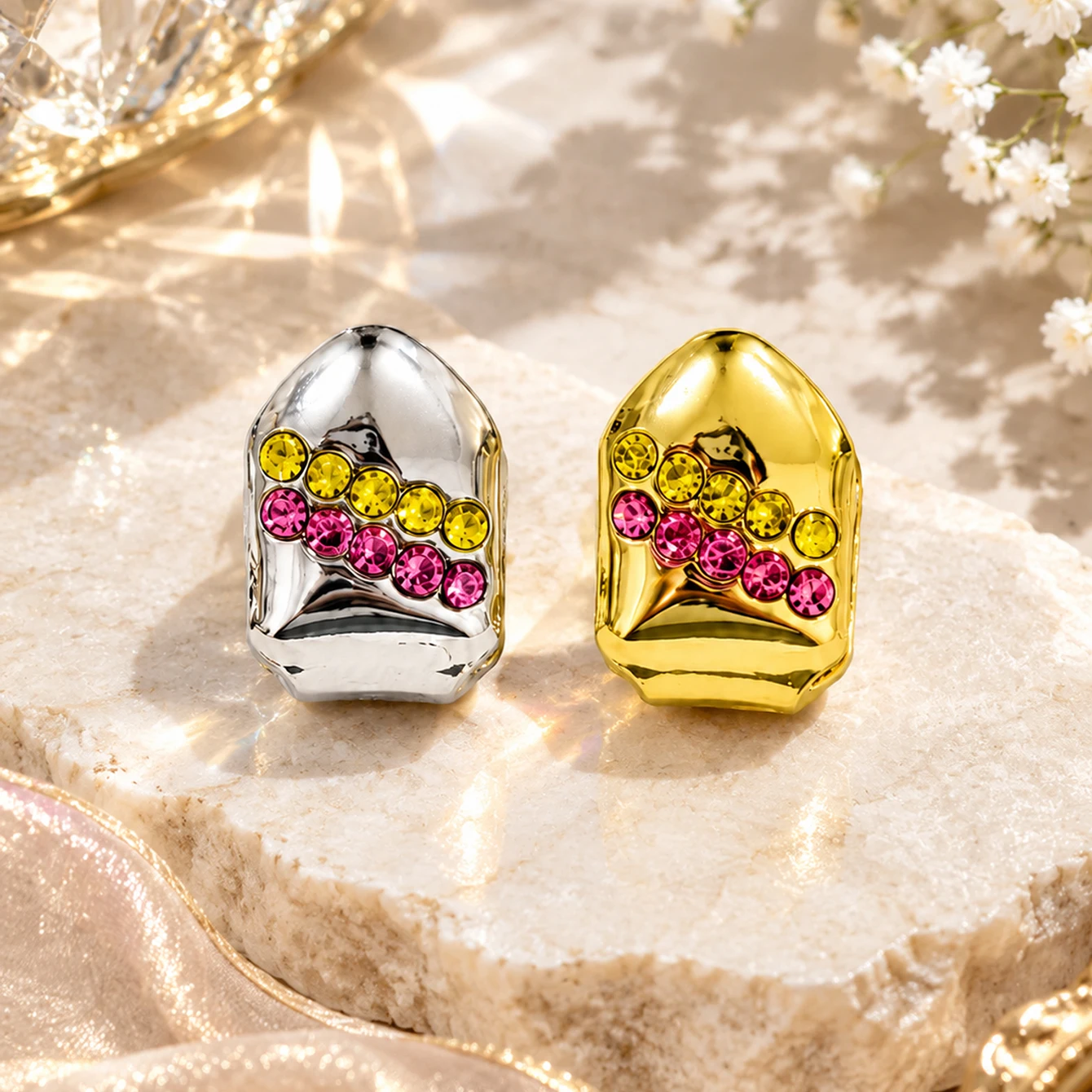 Fashionable And Unique Diagonal-Set Yellow Diamonds, Hip-Hop Punk Party Stage Props, Cool Tooth Jewelry For Street Wear