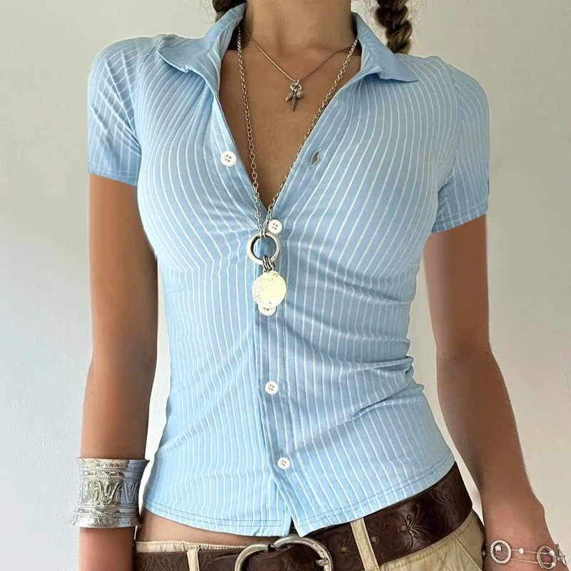 Sweetown Blue Stripe Short Sleeve Shirts For Women Button Up Turn Down Collar Slim Simple Casual Preppy Tops Basic Summer Tees