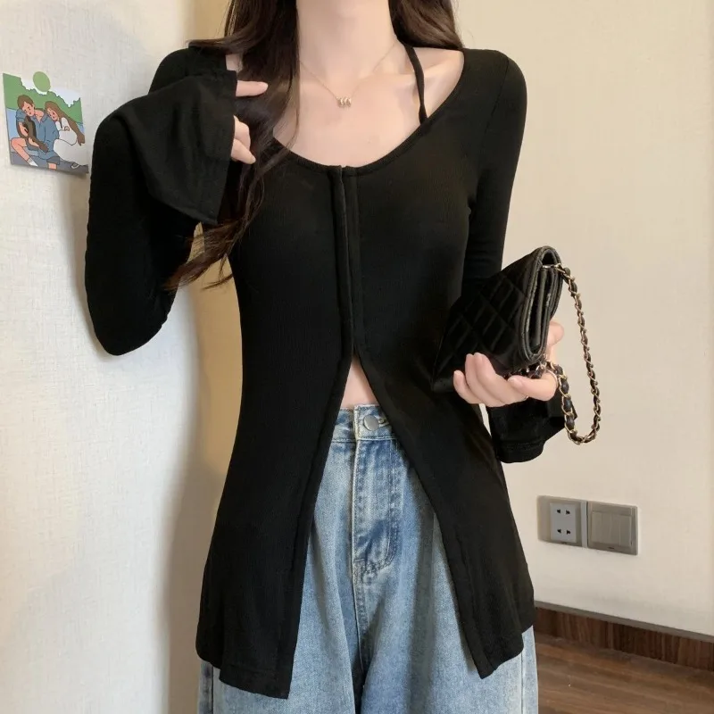 Large Size Autumn and Winter New Style Design Slit Long-sleeved T-shirt for Women Slim Fit Slim Bottom Shirt Top