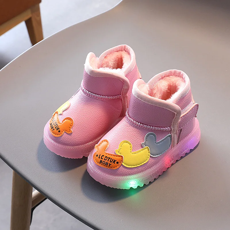 Children Snow Boots Leisure Thick Fur Platform Winter Kids Short Boot LED Lights Slip-on Unisex Concise Style Boys Girls Shoes