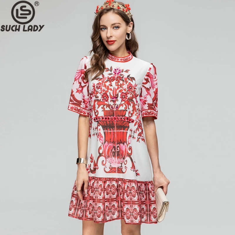 

Women's Runway Dresses O Neck Short Sleeves Beaded Printed High Street Vintage A Line Mini Vestidos