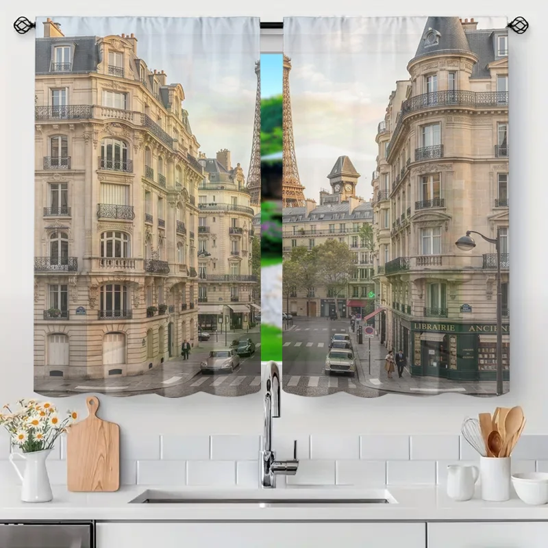 

Parisian Street View Curtains Eiffel Tower Window Decor French Style Art Print Light Filtering Drapery Panel for Modern Living R