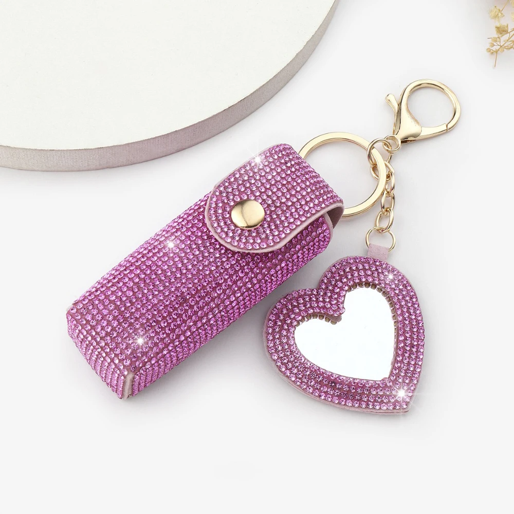 2pcs Pack Popular Bling Lipstick Holder Pouch Keychain Bag Hanger With Heart Shape Mirror