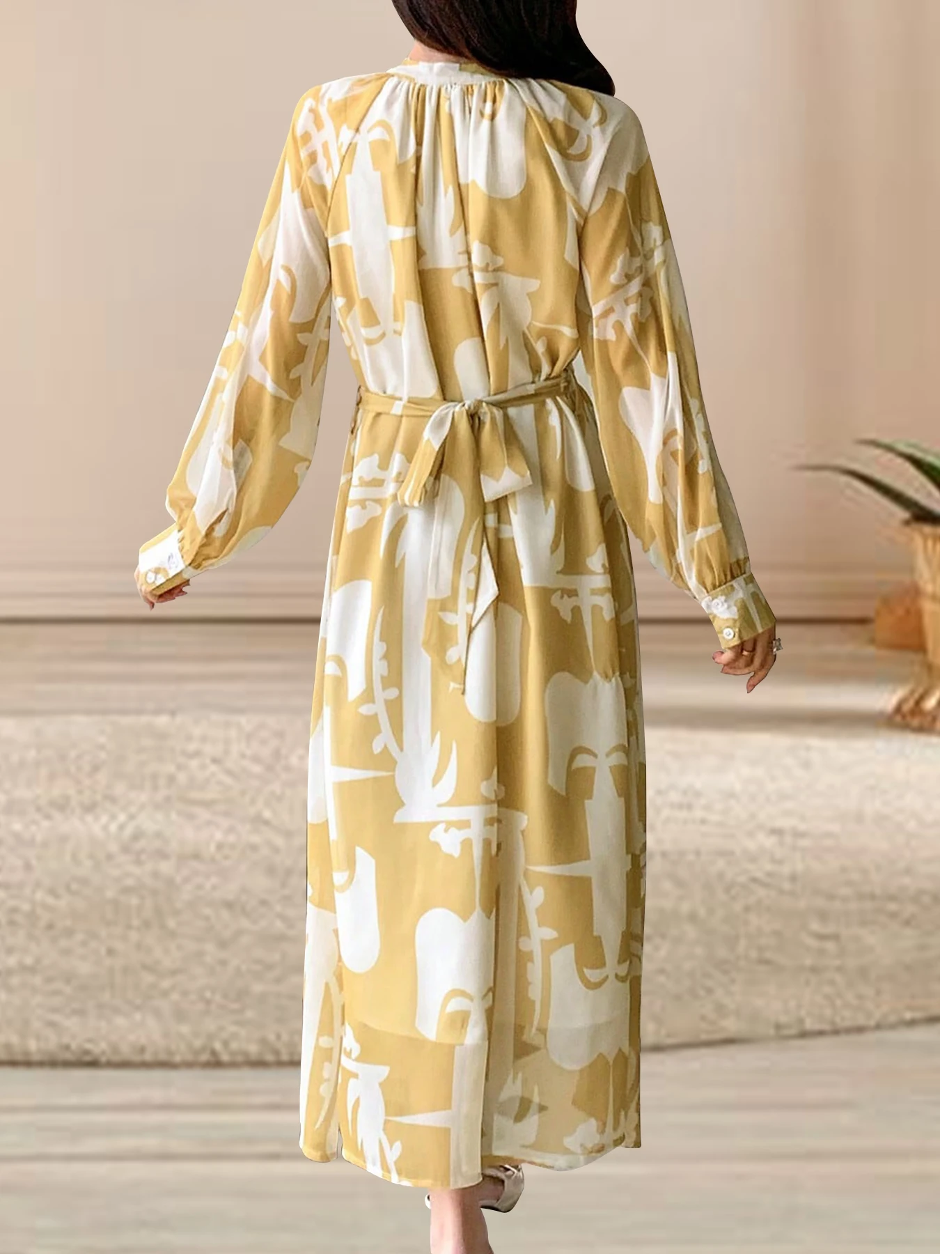 High end silk flowing dress with women's summer temperament printed long skirt, waist belt, long sleeved new silk shirt skirt