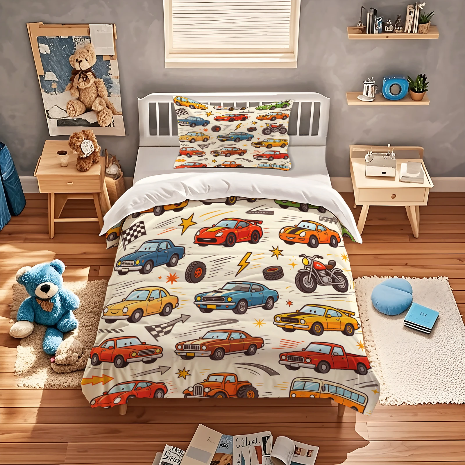 Cartoon Vintage Car Duvet Cover Set Colorful Retro Sports Car Truck Motorcycle Print Bedding Set with Pillowcase Home Bed Linen