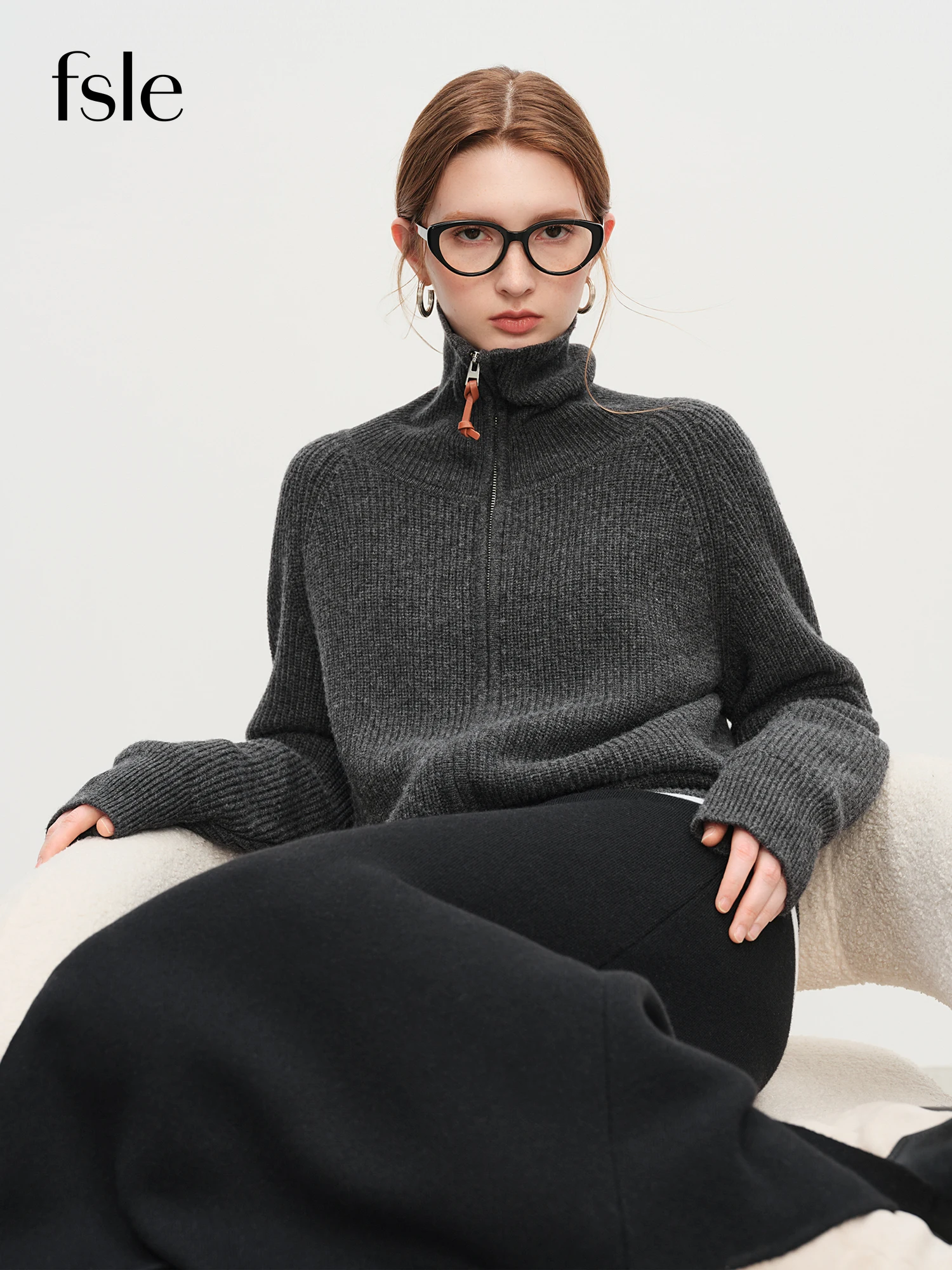 FSLE Autumn Sweater Women Loose Fit Wool Blend Knit Cardigan Fall Winter 2025 New Style Zipper Front Outerwear Top for Casual