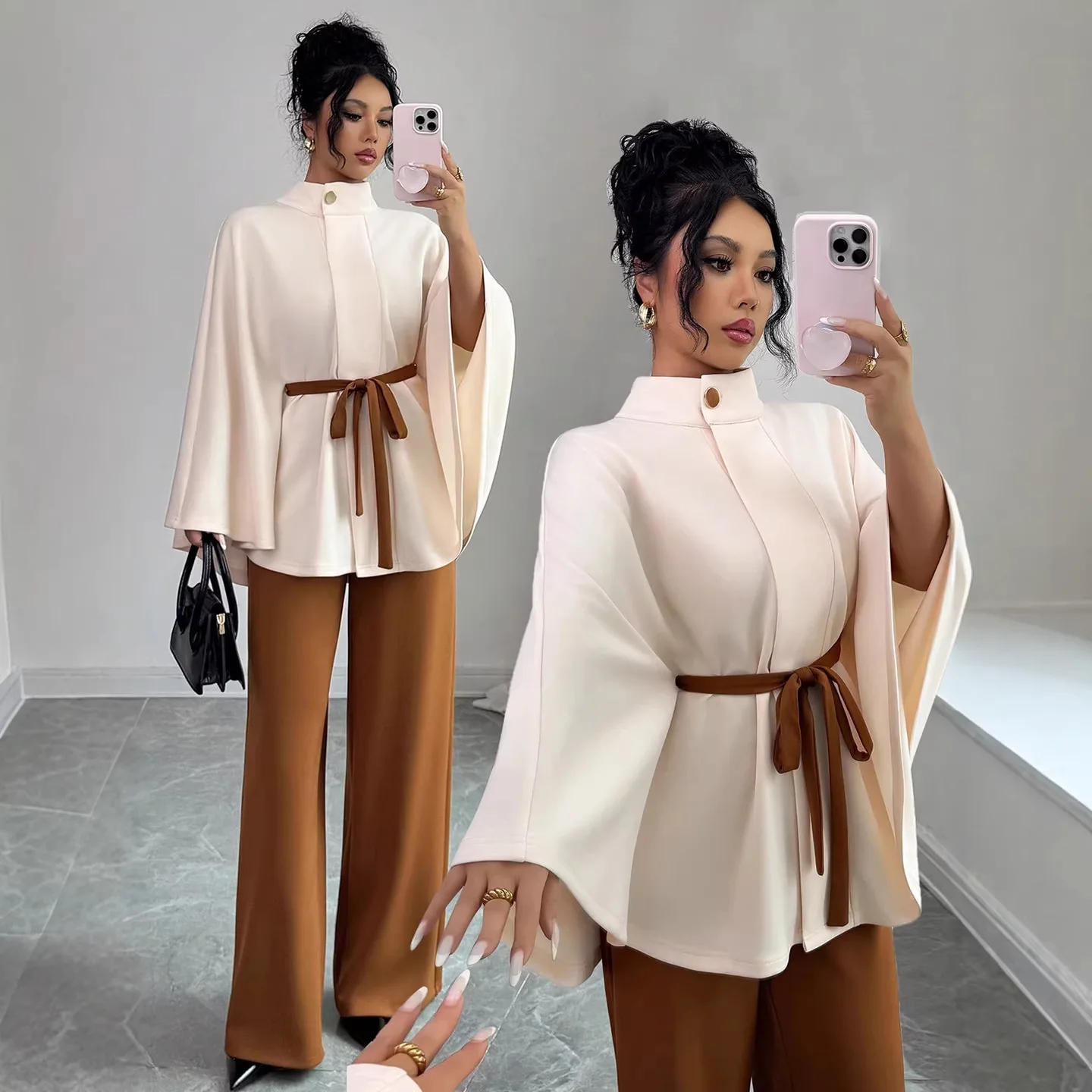 

2026 New Women's Stand Collar Bell Sleeve Woolen Coat Slim Tie Waist Short Versatile Casual Jacket