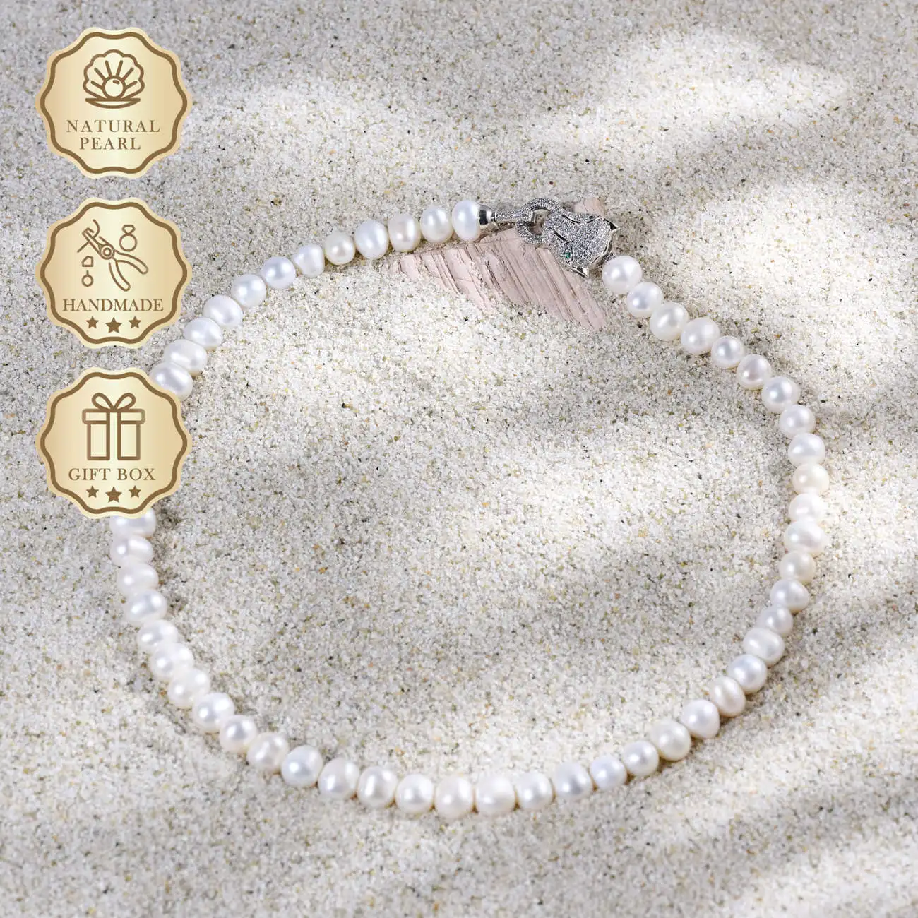 

MYSOYA White Freshwater Pearl Necklace 8–9mm with Silver Panther Clasp, Gift Box, Ideal Birthday & Anniversary Gift