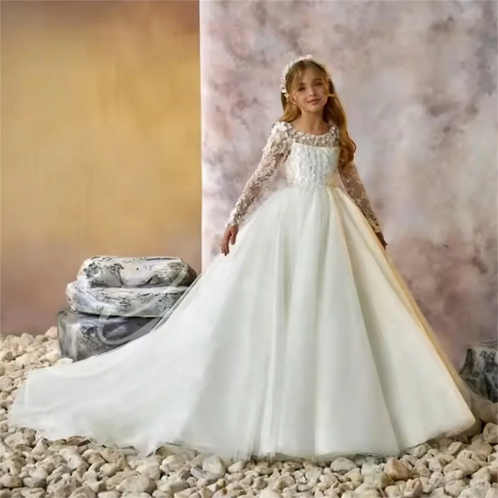 

Luxury Flower Girl Dress For Wedding Puffy Appliques Flowers Sequins Princess Child First Eucharistic Gown Birthday Party Dress