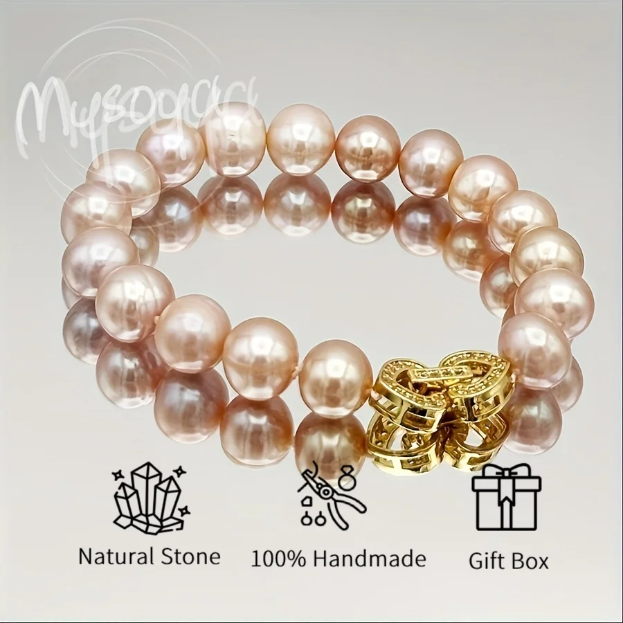 

MYSOYA 8-9mm Pink Freshwater Pearl Bracelet Golden Heart Clasp Unisex Gift Box Perfect For Wedding Birthday Christmas New Year
