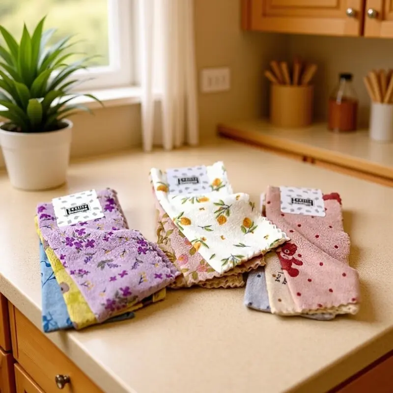 Non-sticky To Oil Kitchen Cleaning Cloth No Shedding of Fibers Thickened Printed Cotton Fabric Towel Coral Fiber Cleaning Cloth