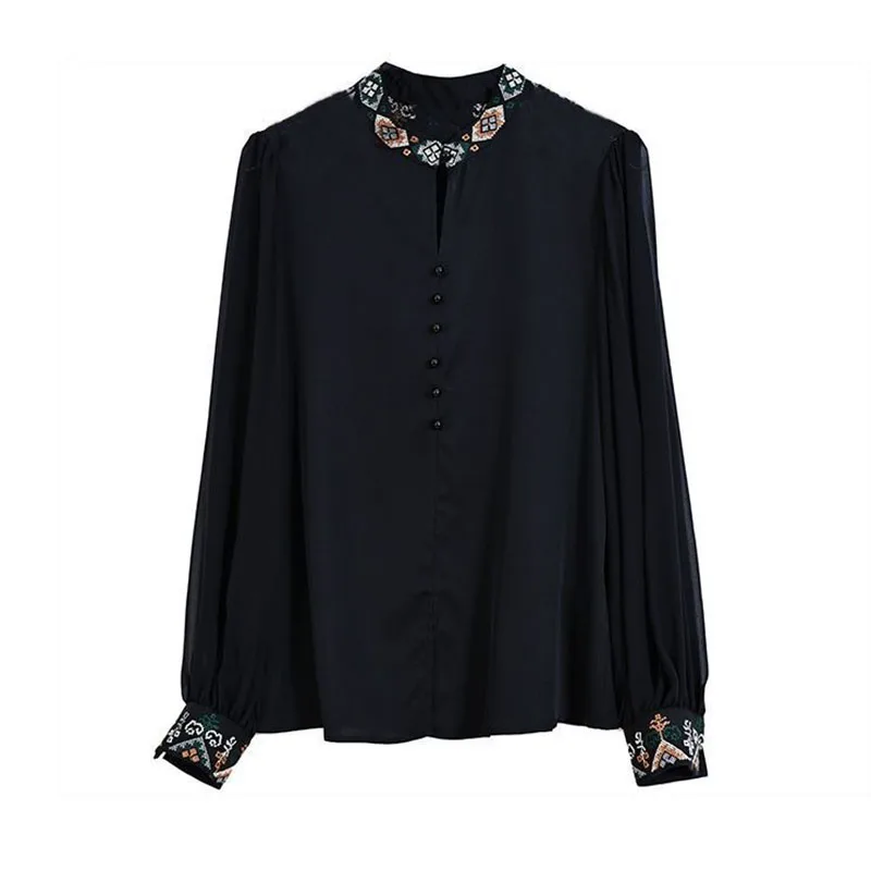 Spring Women Clothing Chiffon Shirt Stand Collar Embroidered Button New Chinese Style Fashion Elegant Long Sleeve Loose Tops