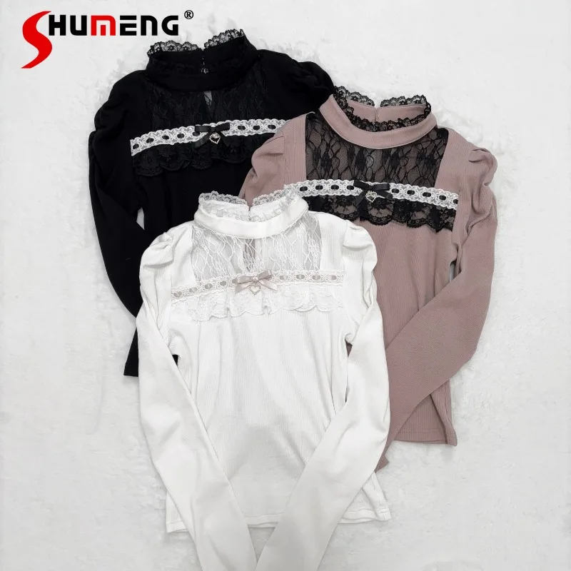 

New Japanese Rojita Bottoming T-shirt Lace Splicing Stand-up Collar Long-sleeved Knitted Sweater Mass-produced Mine Series Tees