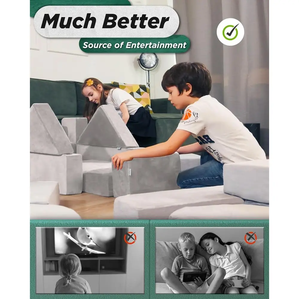 طقم أريكة للأطفال مكون من 11 قطعة باللون الرمادي، أثاث غرفة اللعب للأطفال الصغار، أريكة مقطعية قابلة للتحويل مع وسائد إسفنجية #4