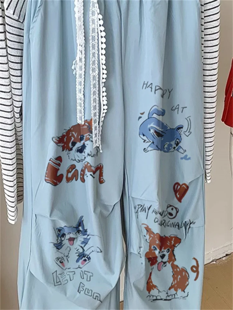 Pantalon de travail taille haute pour hommes et femmes, coupe ample, été, coréen, Sle Dstring, couleur, imprimé Blo, Long