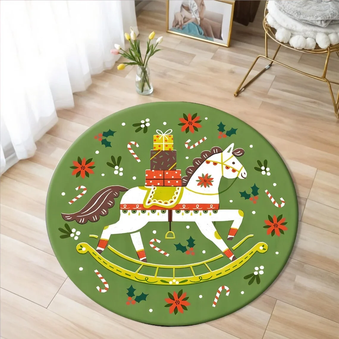 Christmas Horse Printed Circle Carpet for Living Room Decor Ballerina Cartoon Round Rug Sofa Kid Non-slip Floor Mat Rugs