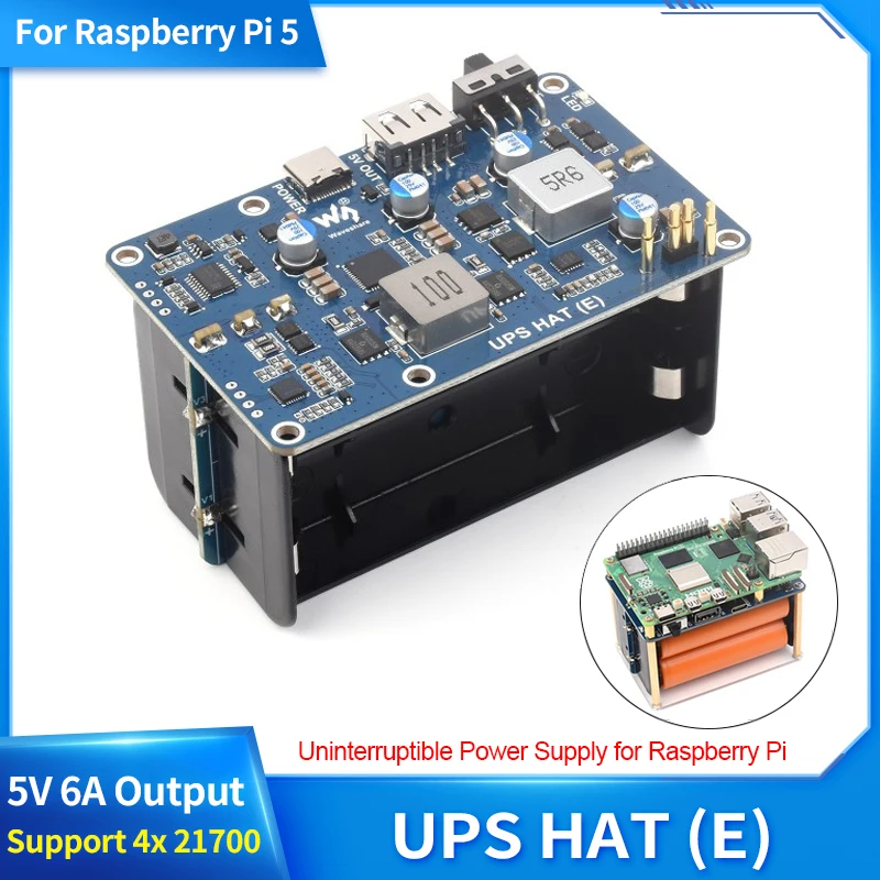 

Блок бесперебойного питания Raspberry Pi 5 UPS HAT (E) с выходом 5В 6А, двунаправленной быстрой зарядкой Type-C для литиевых батарей 21700
