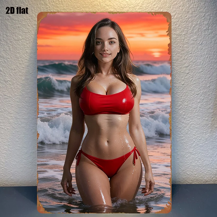 Iron Sunset Beach Metal Sign, Red Swimsuit Decor, 8x12 Inch Wall Art for Living Room