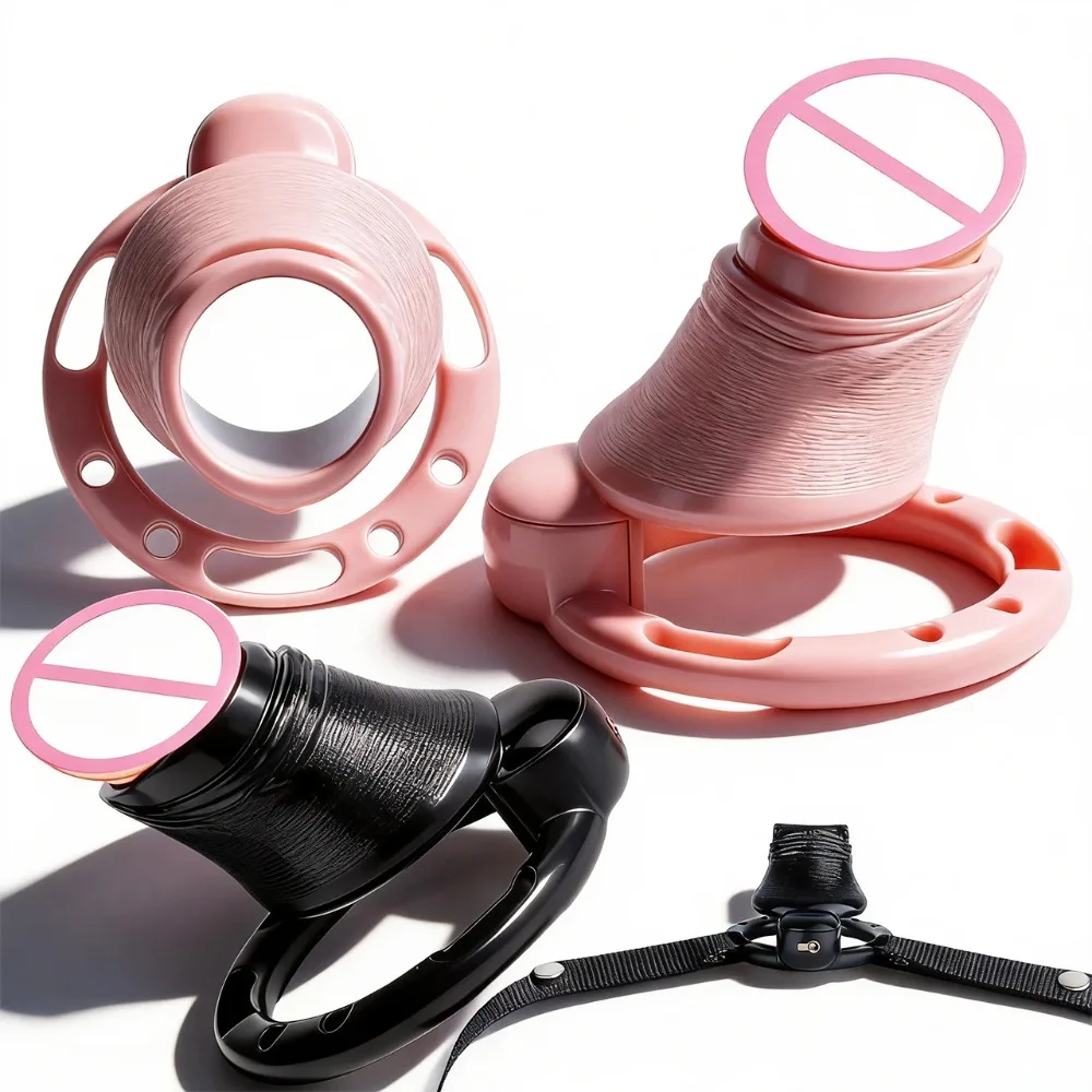 Skin Black Urine Chastity‬ Cage ABS Resin Glans Open Cocklock With 4 Szie Penis Rings Belt BDSM Sex Toy For Man Gay