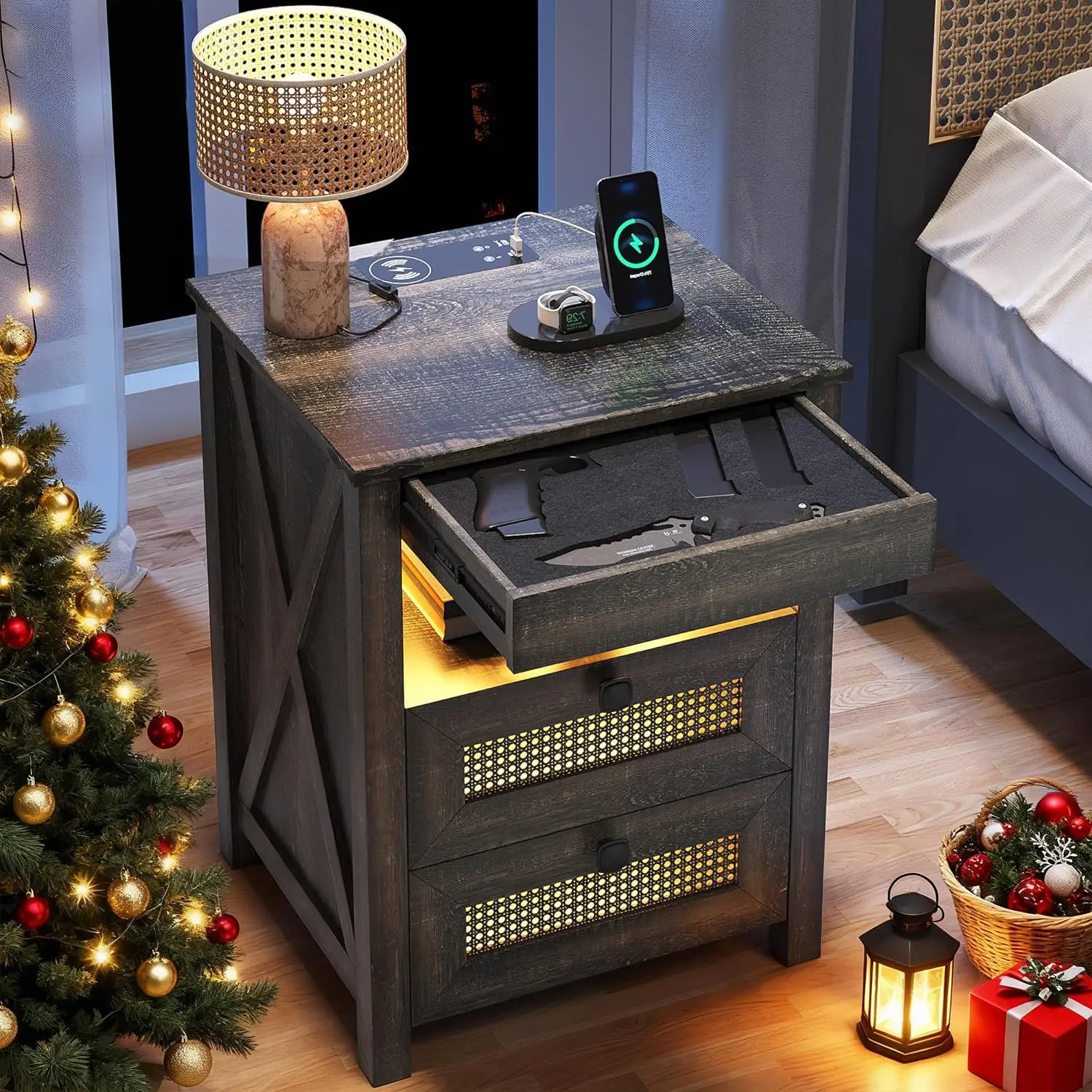 

Night Stand with Gun Drawer, Bedside Table with Charging Station & LED Light, Gun Nightstand for Bedroom Living, Customized