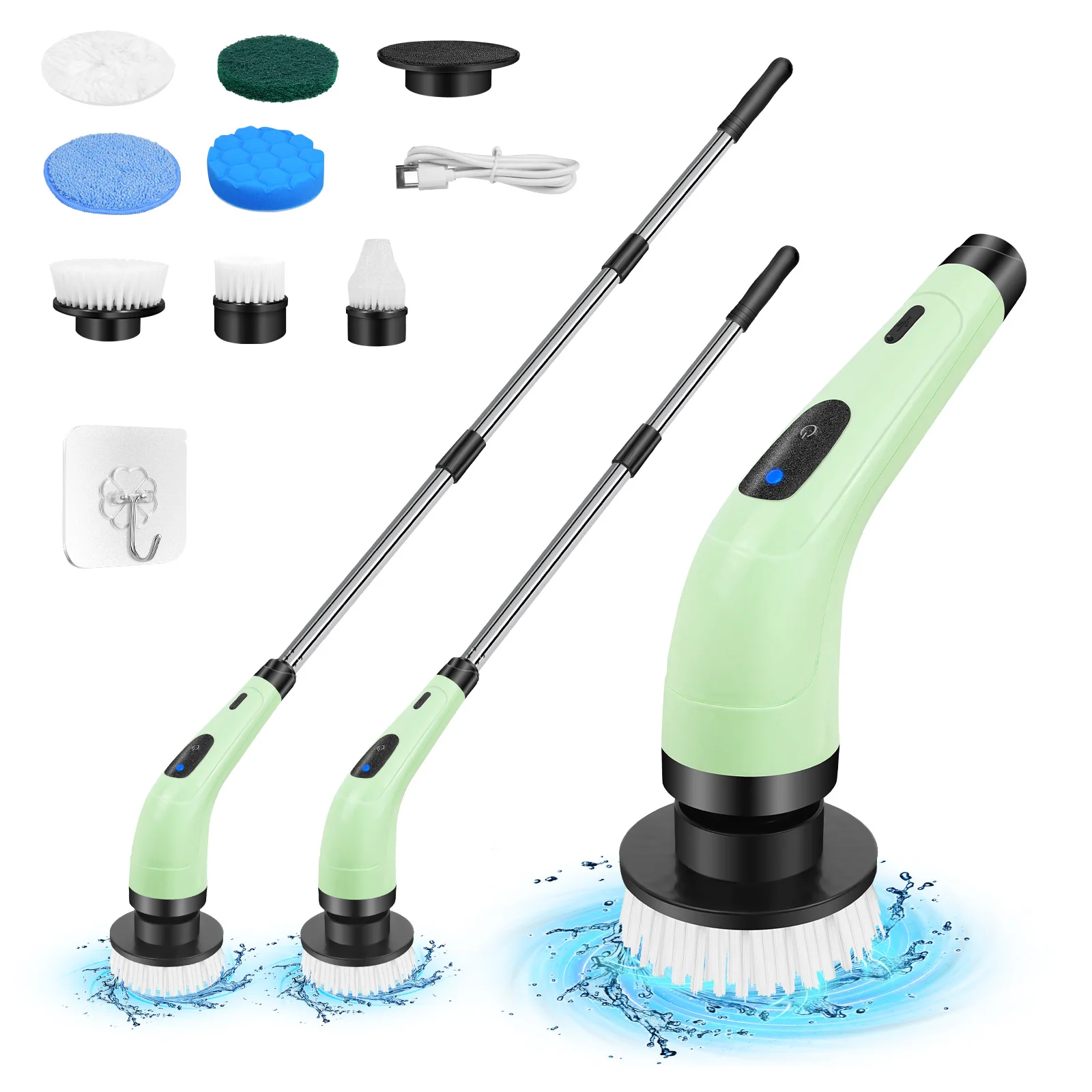 Brosse de nettoyage de salle de bain étanche, brosse de douche avec long manche et 2 vitesses, brosse de nettoyage électrique sans fil avec 7 têtes de brosse remplaçables, noire (charge USB)