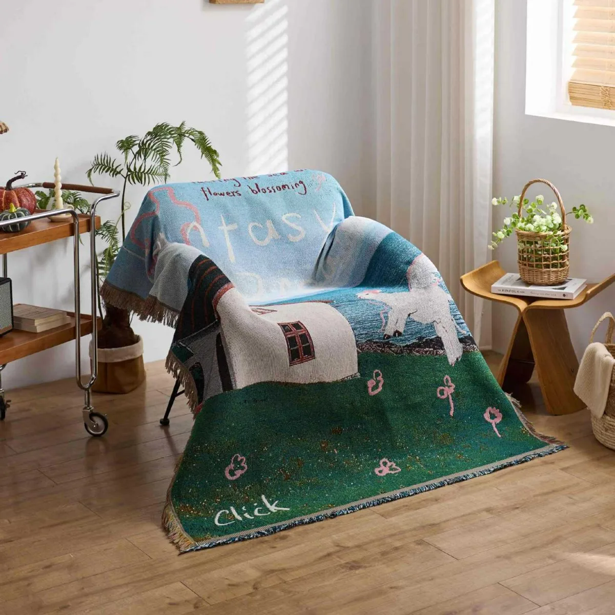 Fantasy Woven Throw Blanket Aesthetic Tapestry Unicorn House by Sea Spring Flowers Coastal Cottagecore Decor for Sofa Bed