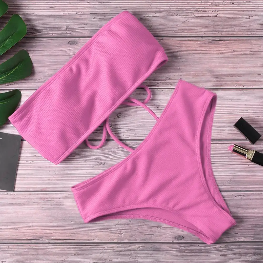 Lady Swimwear Solid Color Two-piece Set Bandeau Swimming Trunks Split Bikini Set Tube Top Women Beach Suit Women Clothes