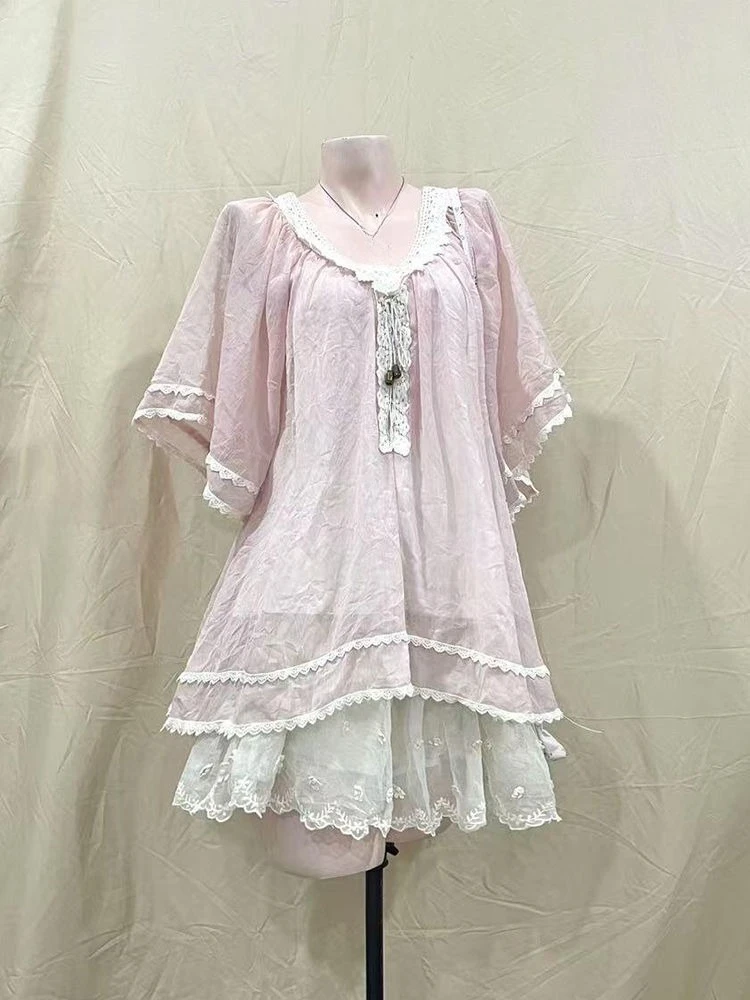 Sweet Kawaii Vintage Japanese Dress Women Y2K Beach Party 2-Piece Dress Set Casual Ruffle Lace Vacation Flowy Sheer Layered  New