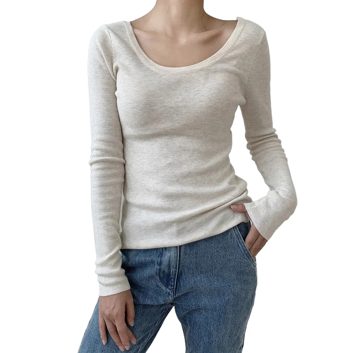 Knit T Shirt Women Long Sleeve Low Back Cotton Scoop Neck Sweater Slim Fit