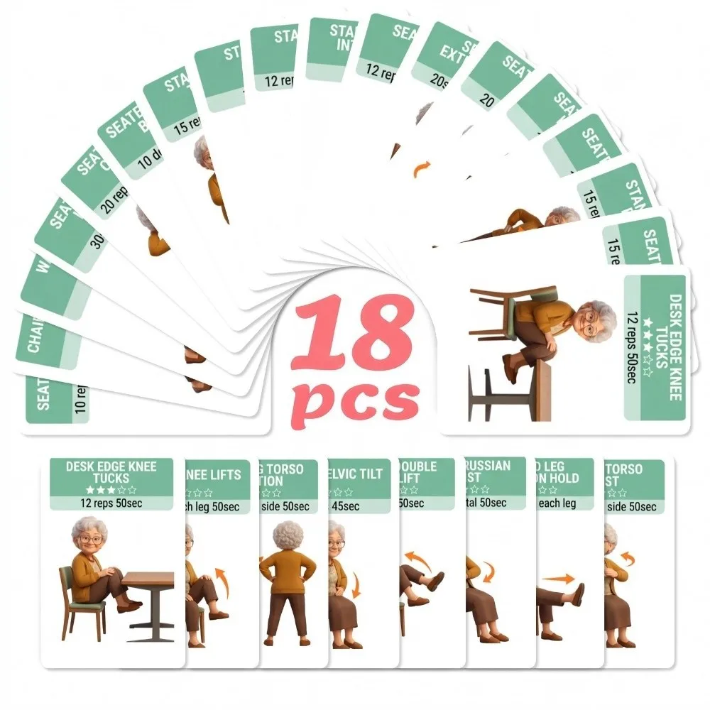 18Pcs Illustrated Step Move Guide Senior Standing Exercise Flashcards Elderly Standing Full Body Exercise Cards