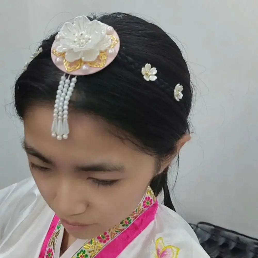 Flower Hanbok Wig Headdress Pearl Traditional Korea Ethnic Style Hairband Elegant Classical Stage Dance Hair Hoop Wedding