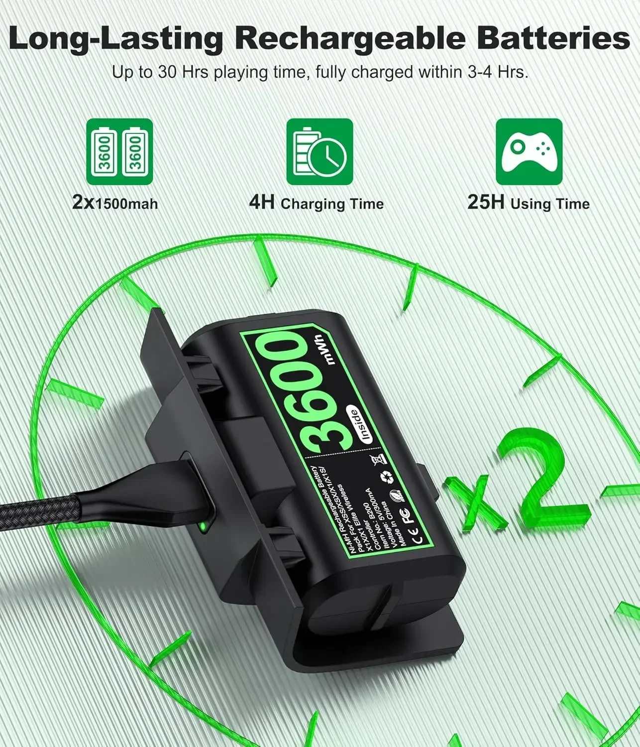 B200 2 × 3600mWh لأجهزة Xbox One/Series X/S مجموعة شحن PackPlay القابلة لإعادة الشحن مع أغطية بطارية Xbox وكابل شحن #5