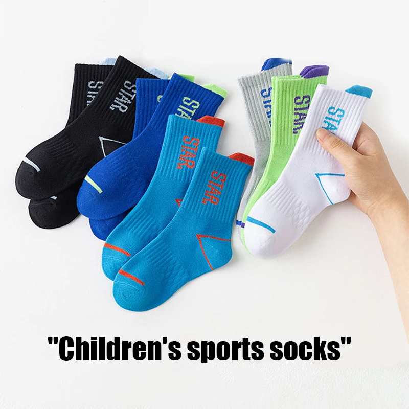 Kids Crew Sports Socks 4 Pairs STAR Letter Print Breathable Cushioned Mid‑Calf Boys Athletic Socks For Daily Wear