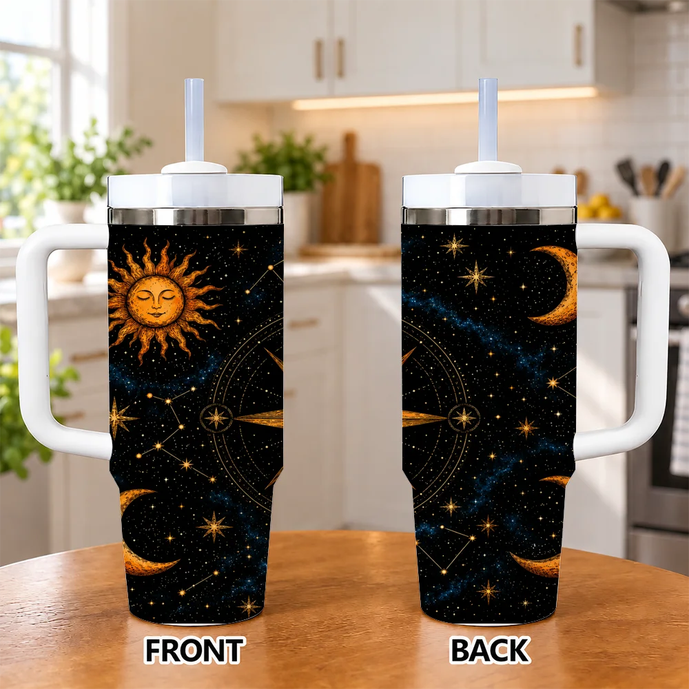 Golden Moon Mandala Vacuum Flasks 40oz Insulated Stainless Steel Tumbler with Handle & Straw, Hot Cold Gift Cup