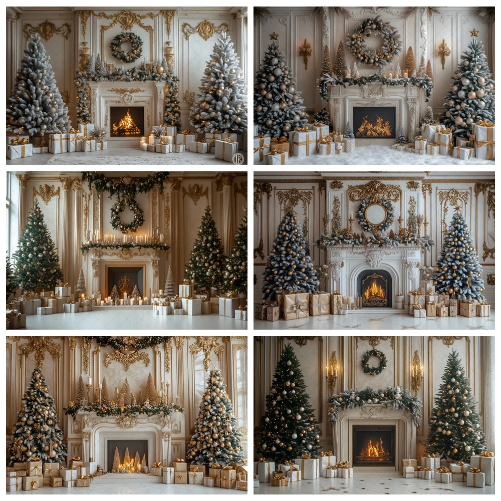 

White Christmas Palace Fireplace Scene Backdrop for Kids Birthday Party Xmas Tree Gift Family Party Photography Background Decor