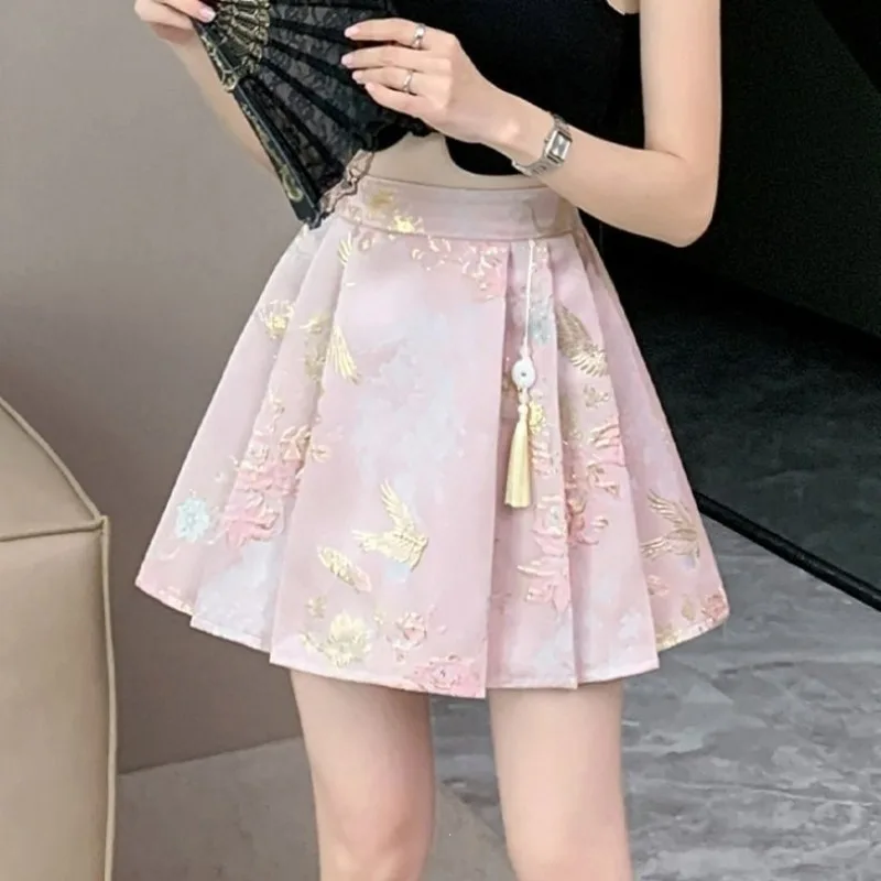 Summer New Spring and Summer Chinese Style Half Skirt with Small Pleats New Chinese-style Satin Woven Gold Jacquard Horse Face