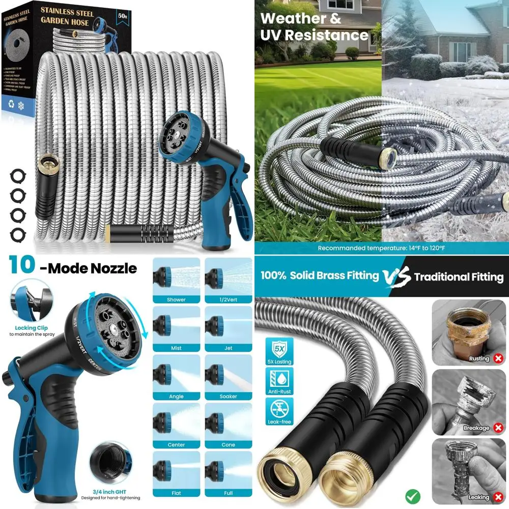 

Прочный садовый шланг на 50 футов с 10-функциональным соплом, металлическими соединителями, герметичным, без ударов и сверхгибким для уличной воды