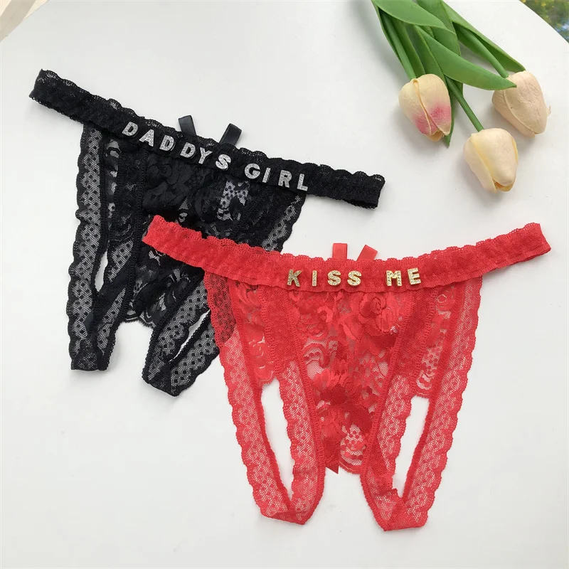 Maßgeschneiderte G-String-Höschen, Kristallbuchstaben, personalisierter Name, Damen-Sexy-Spitze, offener Schritt, Unterwäsche, erotischer Tanga-Bikini