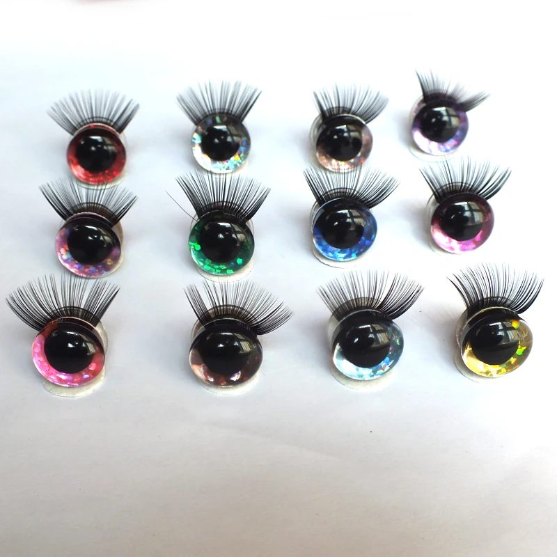 20pcs Toy Eyes With Eyelash 12-30mm Eyelashes 3D Safety Glitter Toy Eyes Eyelash For DIY Plush DIY Doll Making