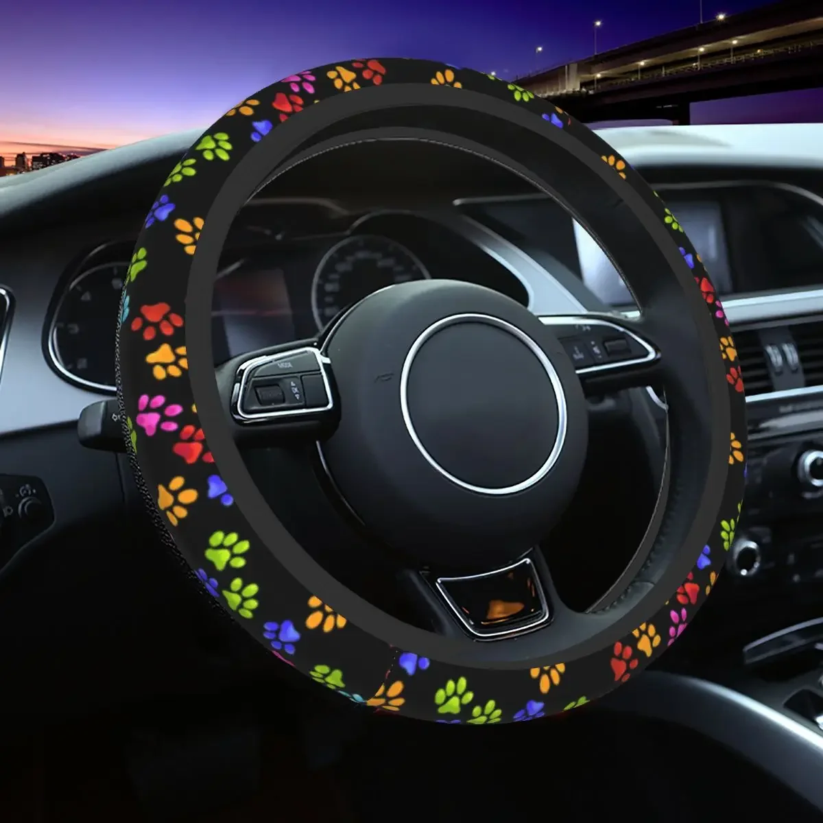 Paw Rainbow Car Steering Wheel Cover 37-38 Soft Dog Cat Steering Wheel Protective Cover Suitable Auto Decoration Car Accessories