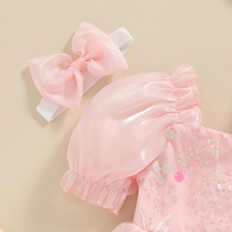 Baby Girls Romper Dress Outfits Puff Sleeve Mesh Layered Tutu Bodysuit Princess Romper Dress with Headband Set