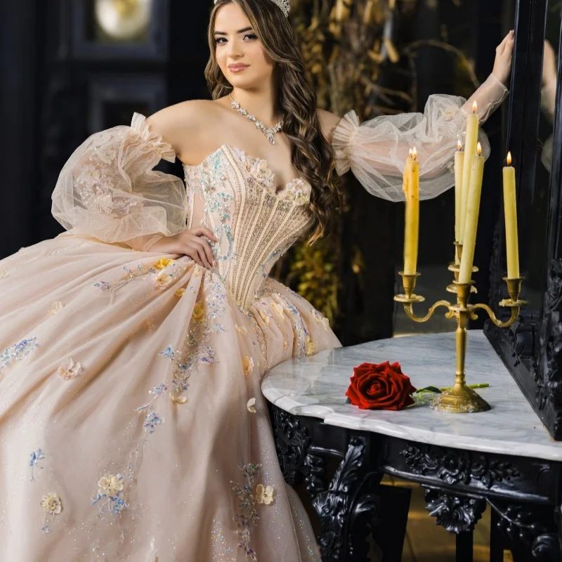 Light Yellow Quinceanera Dress off-shoulder Glitter Crystal 3D Flower Decal Lace Long tail Bow vestidos de 15 Quinceanera ﻿Custo