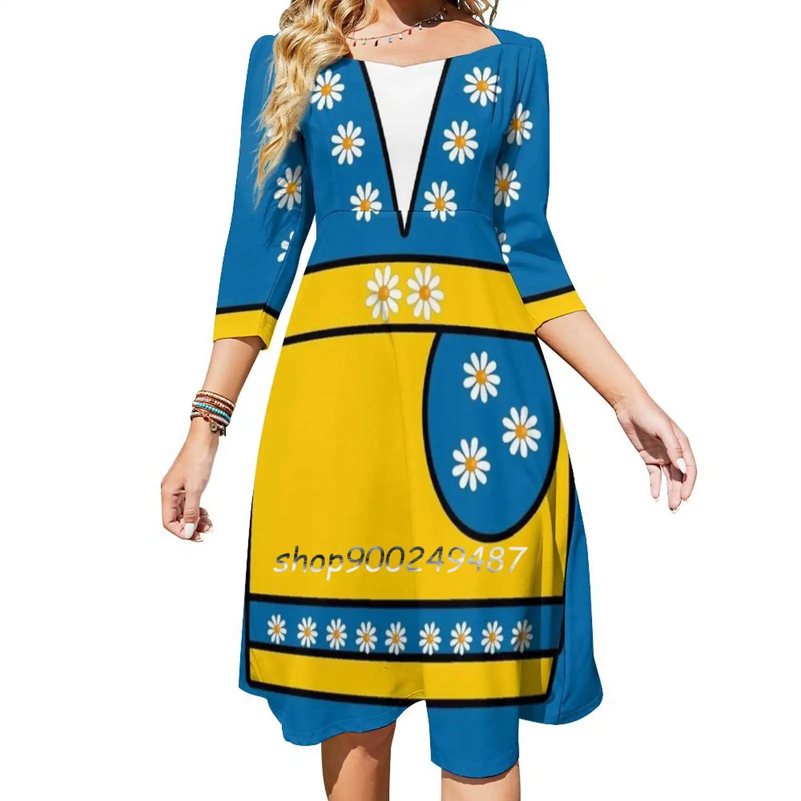 Swedish National Costume Blue Yellow Daisies Flare Dress Square Neck Dress Elegant Female Fashion Printed Dress Swedish