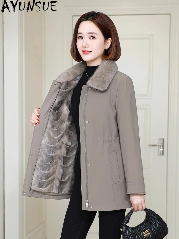 AYUNSUE Real Mink Fur Coat Women 2025 Winter Clothes Mid-length Parka Liner Detachable Real Fur Coat Womens Coats Пальто Женское