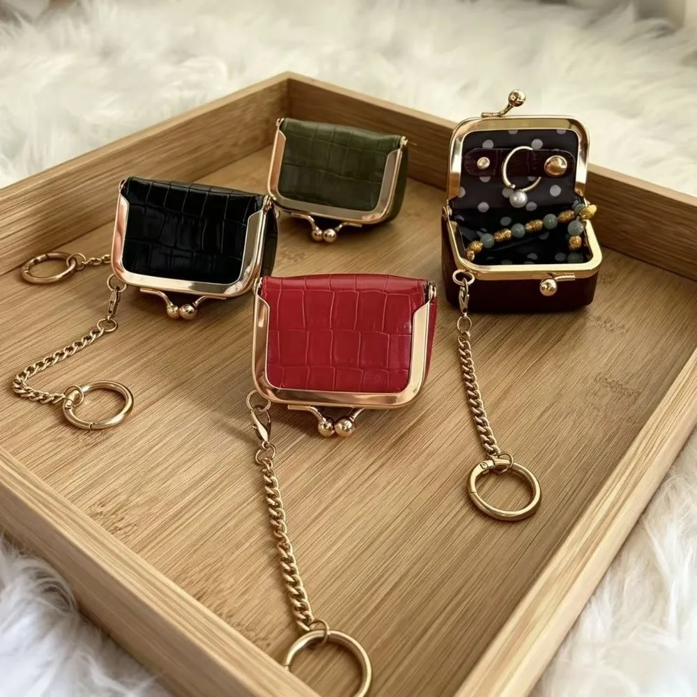 PU Leather Kiss Lock Coin Purse Detachable Chain Portable Jewelry Storage Pouch Embossed Small Keychain Change Wallet Christmas